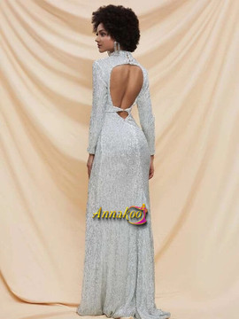 Shop 2021 High Neck Long Sleeve Silver Cut-out Back Sequin Prom Dress Under 79