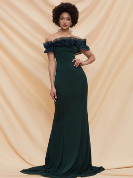 Shop 2021 Off The Shoulder Spandex Dark Green Ruffle Trim Maxi Prom Dress Under 59