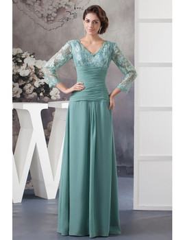 V-neck Green Lace Chiffon Mother of the Bride Dress
