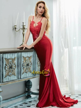 Shop 2021 Red Sleeveless Mermaid Backless Guipure Lace Trim Satin Prom Dress Under 68