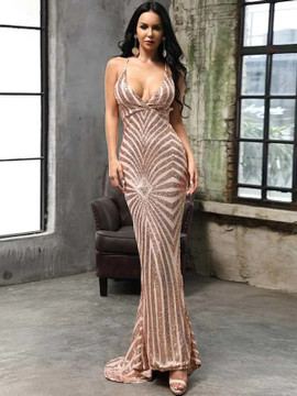 Shop 2021 Pink Plunging Neck Geo Sequin Mermaid Bodycon Prom Dress Under 75
