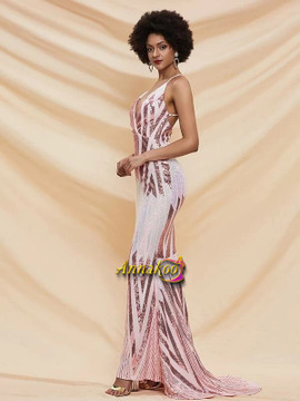 Pink Sexy Criss Cross Backless Sequin Prom Dress