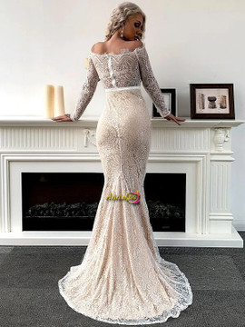 Shop 2021 Champagne Off The Shoulder Long Sleeve Ribbon Waist Lace Mermaid Prom Dress Under 59