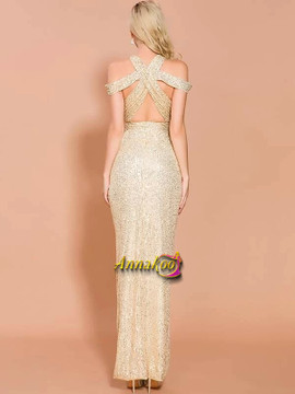 Gold Sexy Cross Halter Cold Shoulder Sequin Prom Dress With Slit