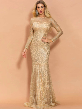 Shop 2021 Gold Long Sleeve Glitter Mesh Overlay Fishtail Hem Prom Dress Under 73