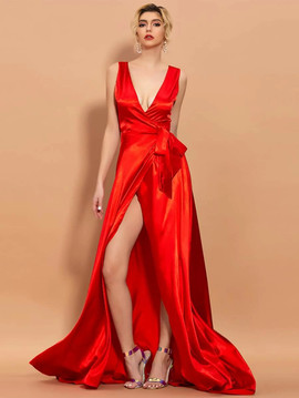 Shop 2021 Red Satin Plunging Neck Wrap Belted Satin Prom Dress With Slit Under 66