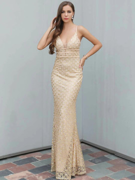 Shop 2021 Sexy Gold Sheath Column Plunge Neck Sequin Mesh Cami Prom Dress Under 75