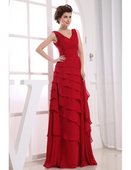 Red A-line V-neck Long Chiffon Mother Of The Bride Dress