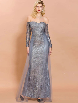 Shop 2021 Silver Long Sleeves Off Shoulder Sequin Mesh Bodycon Prom Dress Under 75