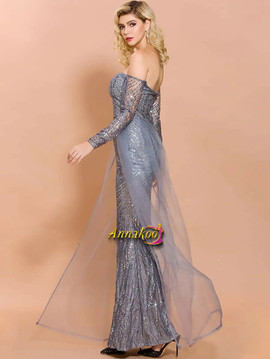 Silver Long Sleeves Off Shoulder Sequin Mesh Bodycon Prom Dress