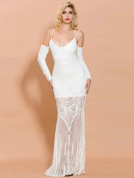 Shop 2021 White Long Sleeve Cold Shoulder Sequin Mesh Bodycon Prom Dress Under 59