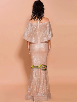 Champagne Gold Mesh Yoke Ruffle Trim Sequin Bodycon Prom Dress