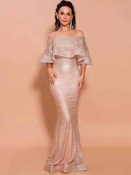Shop 2021 Champagne Gold Mesh Yoke Ruffle Trim Sequin Bodycon Prom Dress Under 75