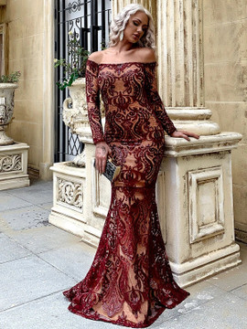 Shop 2021 Long Sleeve Burgundy Sequin Mesh Overlay Bardot Prom Dress Under 73