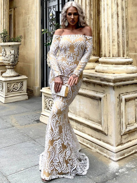 Shop 2021 Champagne Sexy Mermaid Sequin Mesh Overlay Bardot Prom Dress Under 72