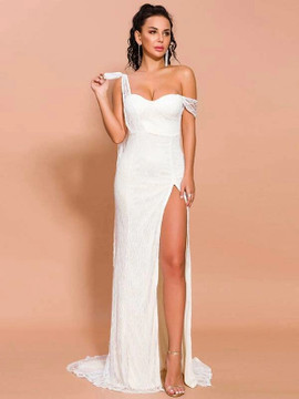 Shop 2021 White Split Thigh Asymmetrical Neck Maxi Prom Dress Under 69