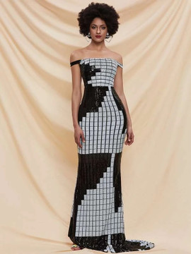 Shop 2021 Black & Silver Off The Shoulder Sequin Sheath Column Prom Dress Under 69