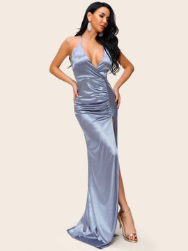 Silver Satin Split Thigh Ruched  Maxi Halter Prom Dress