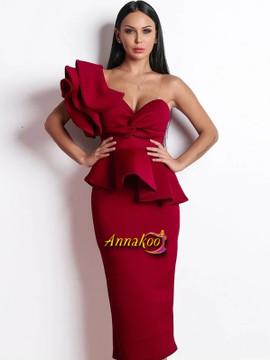 Unique Burgundy Ruffle One Shoulder Peplum Pencil Prom Dress