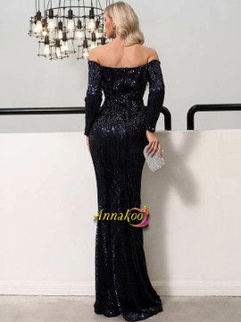Shop 2021 Navy Blue V Bar Off Shoulder Sequin Maxi Prom Dress Under 79