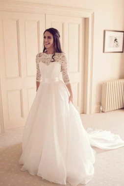 Shop 2021 A Line See-through 3/4 Sleeves Lace Ivory Wedding Dress Under 168