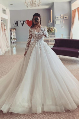 Shop 2021 Long Sleeves Jewel Beading Lace Appliques Ball Gown Wedding Dress Under 268
