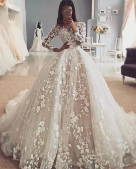 Shop 2021 Long Sleeve Scoop Ball Gown Appliques Tulle Bridal Wedding Dress Under 288