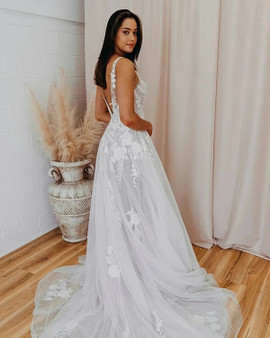Shop 2021 V Neck Appliques A Line Tulle Romantic Wedding Dress Under 188