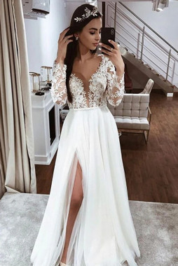 Shop 2021 Long Sleeve A Line V Neck Appliques Tulle Beading Wedding Dress Under 168