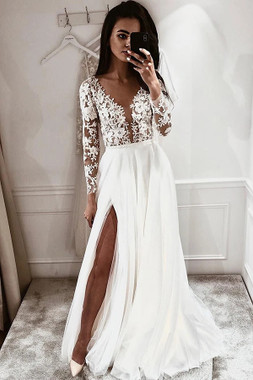 Shop 2021 Long Sleeve A Line V Neck Appliques Tulle Beading Wedding Dress Under 168