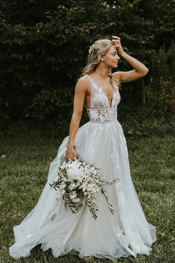 Shop Sexy V Neck A line Tulle Appliques See Through Sexy Long Wedding Dress From Annakoo