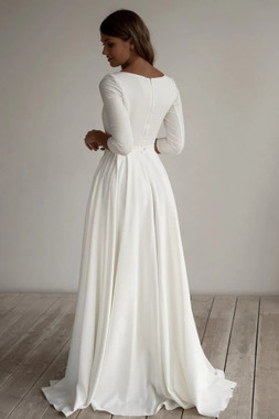 Long Sleeves Scoop Satin A Line Simple Wedding Dress