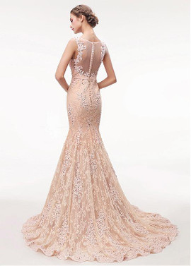 Lace V-neck Neckline Champagne Mermaid Evening Dress With Belt