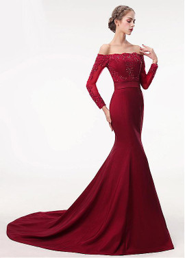 Satin Off-the-shoulder Burgundy Mermaid Evening Dress With Belt 
