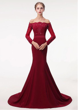 Satin Off-the-shoulder Burgundy Mermaid Evening Dress With Belt 