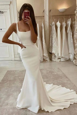 Shop 2021 Straps Trumpet Mermaid Sweep Train Satin Wedding Dress Under 168