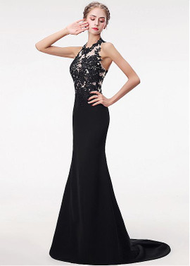 Halter Black Mermaid Evening Dress With Lace Appliques
