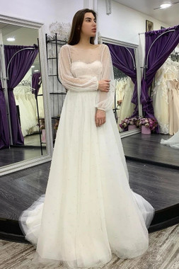 Shop 2021 Long Sleeve Two Piece Pearls A Line Tulle Wedding Dress Under 248