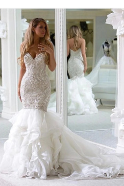 Shop 2021 Beading Sweetheart Rhinestones Mermaid Ruffled Train Wedding Dress Under 494