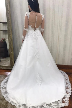 Shop 2021 Long Sleeve Sheer Back Appliques A Line Tulle Wedding Dress Under 289