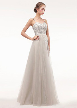 Tulle Spaghetti Straps Beading Grey  A-line Prom Dress
