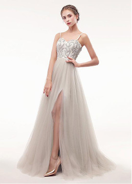 Tulle Spaghetti Straps Beading Grey  A-line Prom Dress