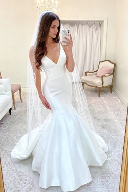 Shop 2021 Sexy V Neck Mermaid Sweep Train Satin Wedding Dress Under 159