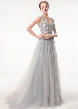 Tulle V-neck Silver A-line Prom Dress With Beadings