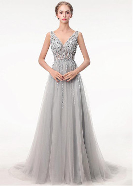 Tulle V-neck Silver A-line Prom Dress With Beadings
