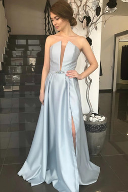 Shop 2021 Silver Strapless See Through Satin Beading Prom Dress With Slit Under 148