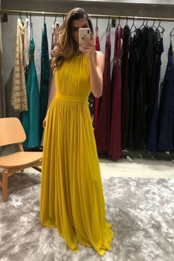 Shop 2021 Yellow Halter A Line Pleats Chiffon Prom Dress Under 129