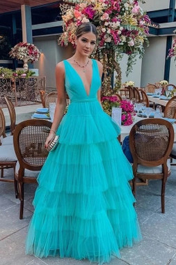 Shop 2021 Deep V Neck Ice Blue Turquoise Tulle Ruffle A Line Prom Dress Under 189