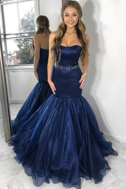 Shop 2021 Sweetheart Navy Blue Beading Satin And Tulle Mermaid Prom Dress Under 199