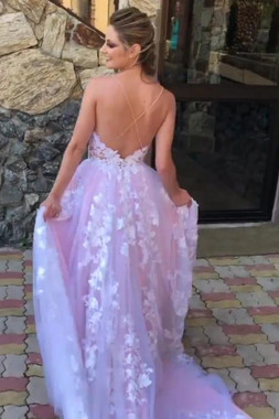 Buy Unique 2021 Pink V Neck Tulle Sweep Train Backless Appliques Wedding Dress Under 269